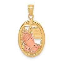 10K Two-tone Praying Hands Pendant with Cross and Holy Bible in Oval view 1