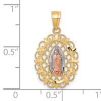 10K Two-tone and White Rhodium Oval Our Lady of Guadalupe Pendant with Scalloped Border view 4