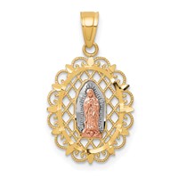 10K Two-tone and White Rhodium Oval Our Lady of Guadalupe Pendant with Scalloped Border view 1