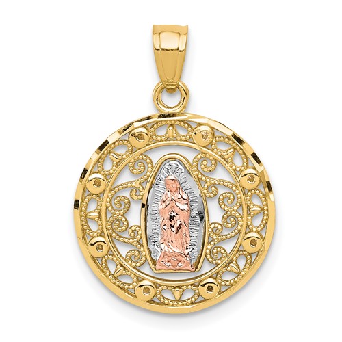 10K Two-tone and White Rhodium Round Our Lady of Guadalupe Pendant