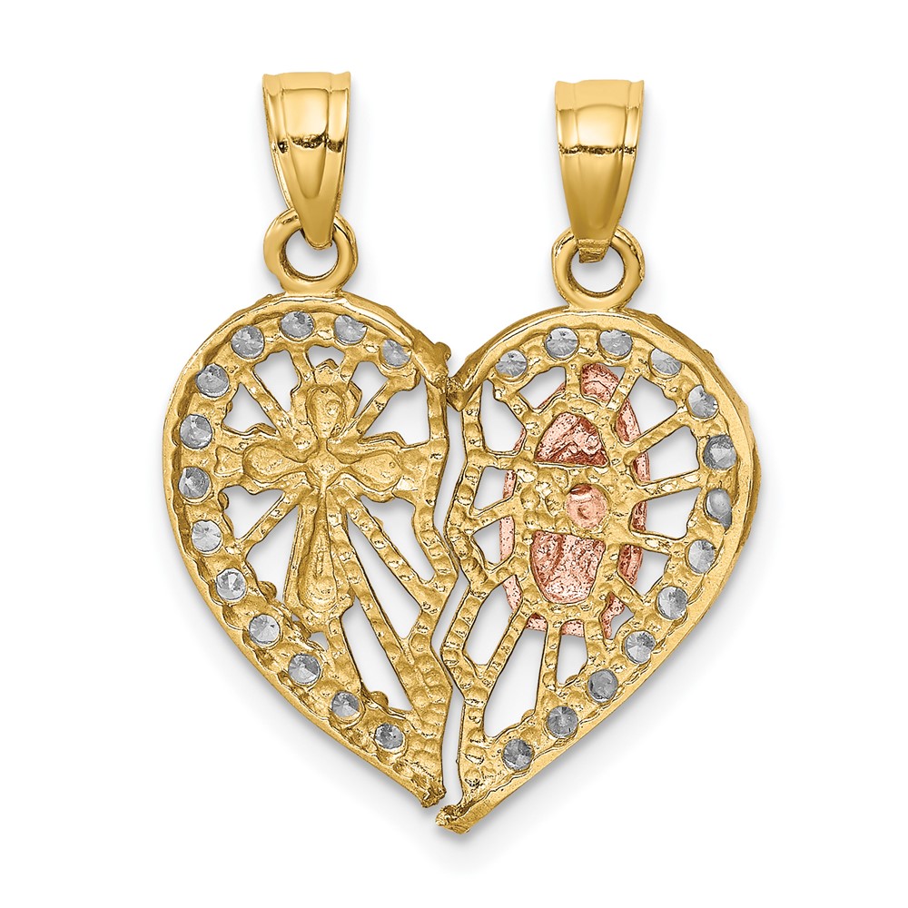 10k Two-tone w/ White Rhodium CZ Religious Break-apart Heart Pendant (10C1047)