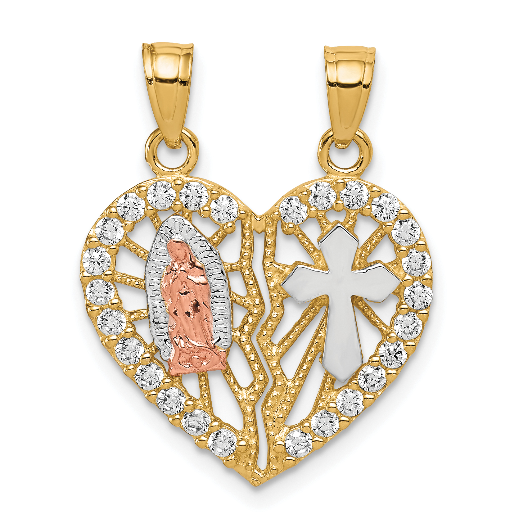 10k Two-tone w/ White Rhodium CZ Religious Break-apart Heart Pendant (10C1047)
