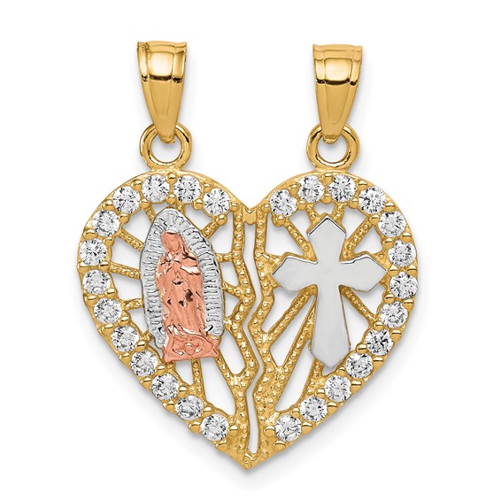 10k Two-tone w/ White Rhodium CZ Religious Break-apart Heart Pendant