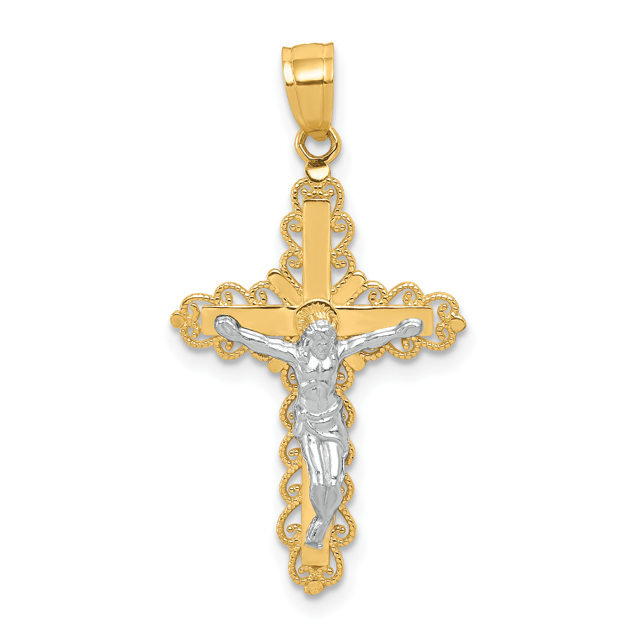 10K w/ Rhodium Filigree Crucifix Pendant (10C1052)