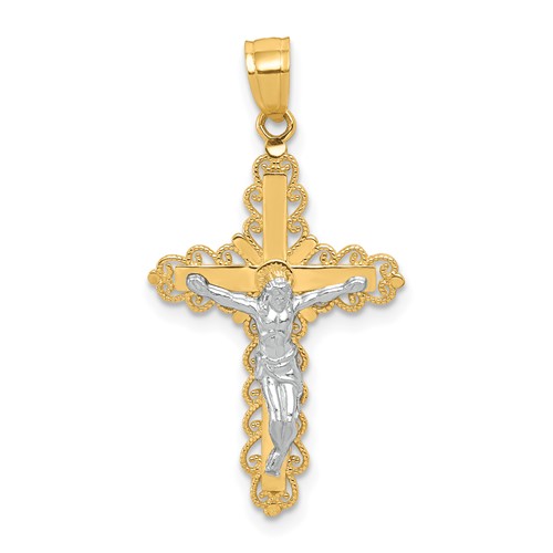 10K and White Rhodium Filigree Crucifix Pendant