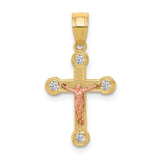 10k Two-tone Yellow and Rose Gold CZ Crucifix Pendant