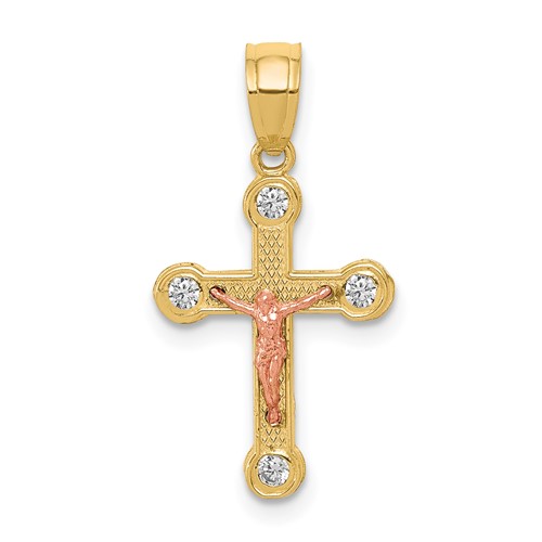 10K Two-tone Yellow and Rose Gold CZ Crucifix Pendant