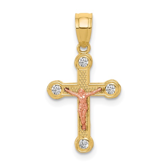 10k Two-tone Yellow and Rose Gold CZ Crucifix Pendant