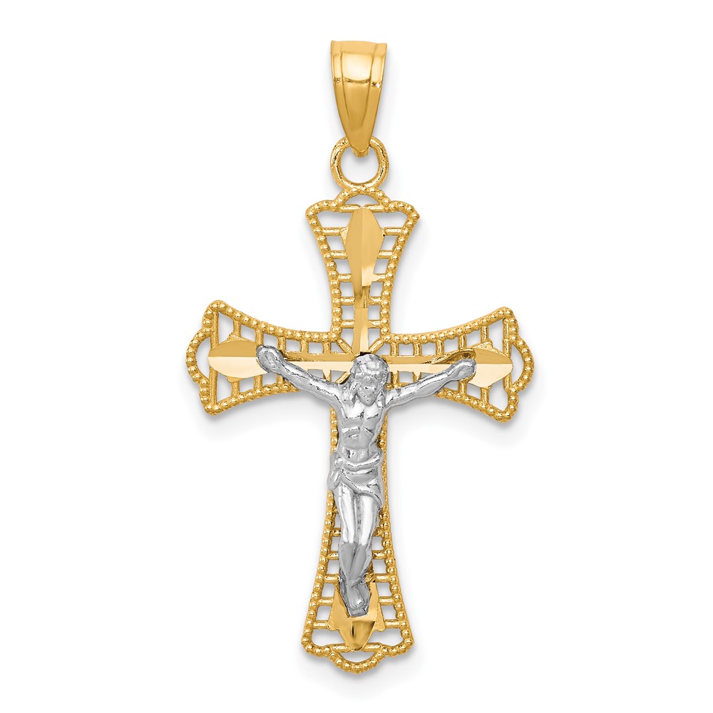 10K and White Rhodium Diamond-Cut Crucifix Pendant