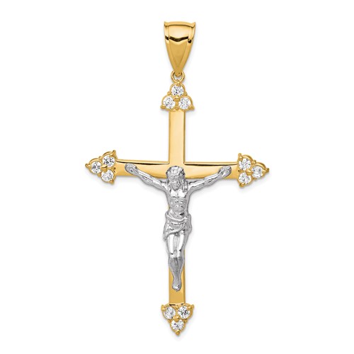 10K and White Rhodium Polished CZ Large Crucifix Pendant