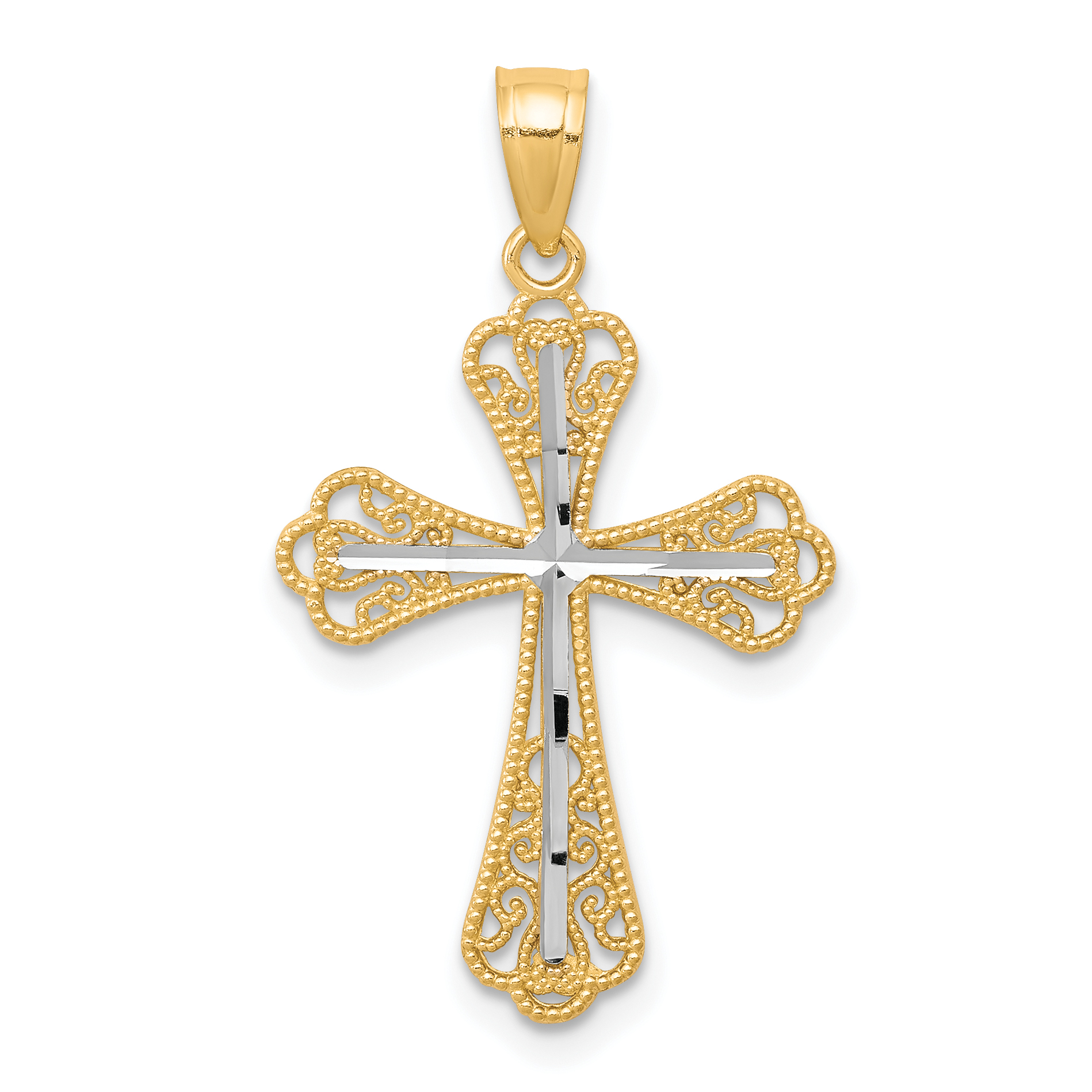 10K w/ Rhodium Diamond-Cut Cross Pendant (10C1126)