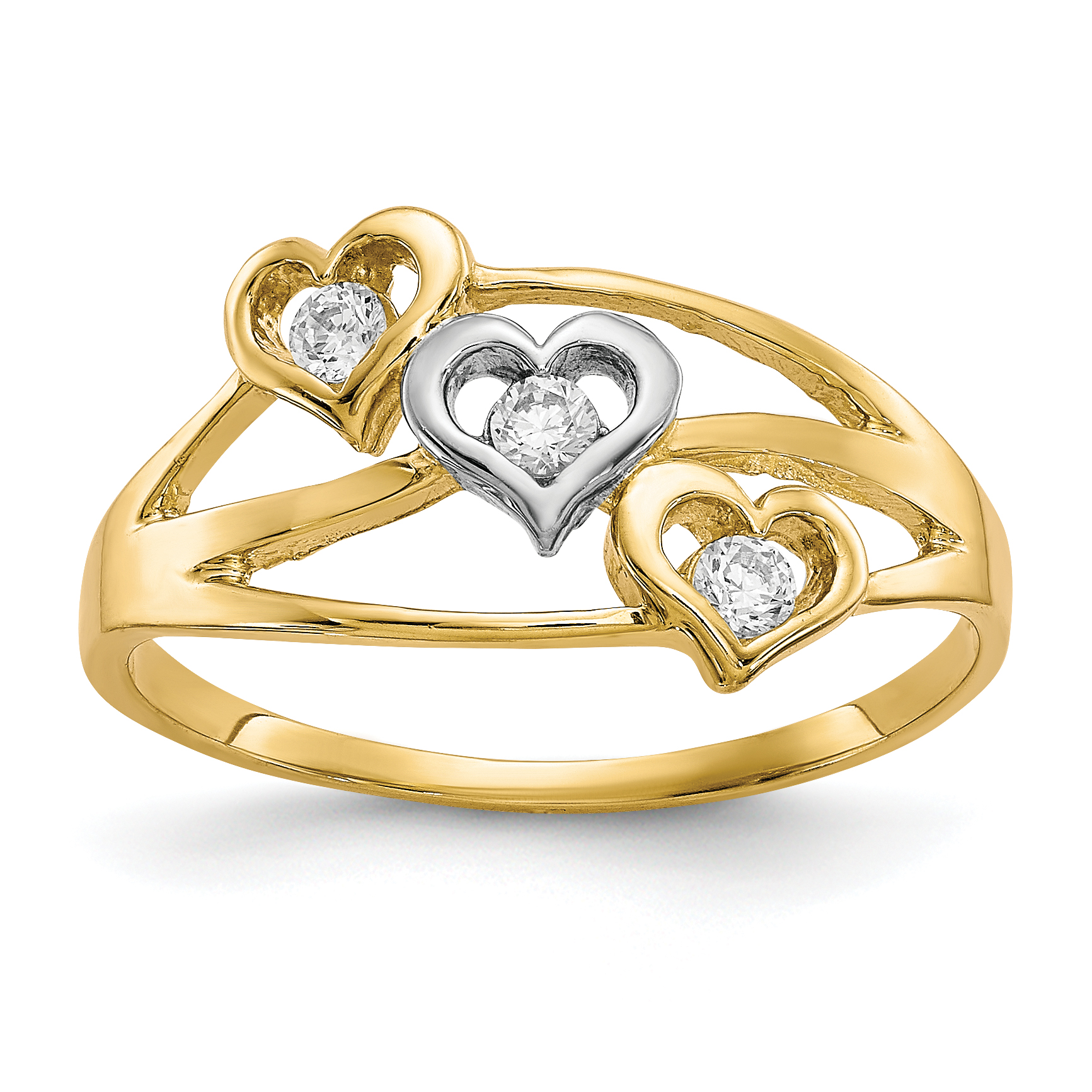 10K w/Rhodium Triple Heart 3 Stone CZ Ring (10C1198)