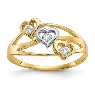 10K w/Rhodium Triple Heart 3 Stone CZ Ring