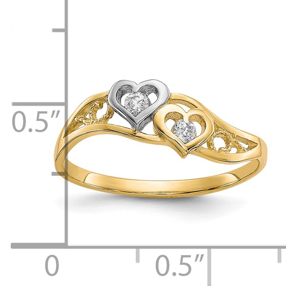 10K w/Rhodium Double Heart CZ Ring