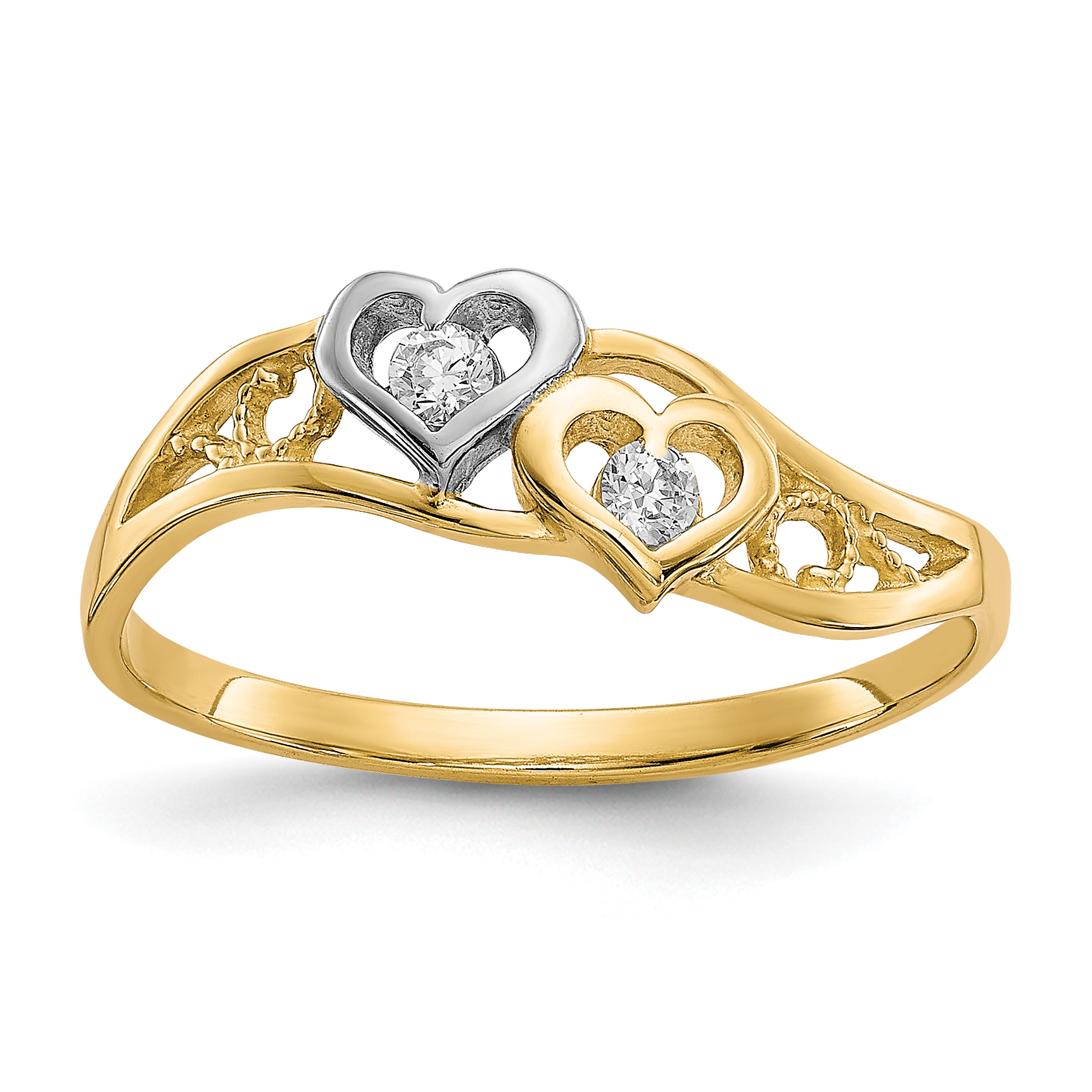 10K w/Rhodium Double Heart CZ Ring (10C1207)