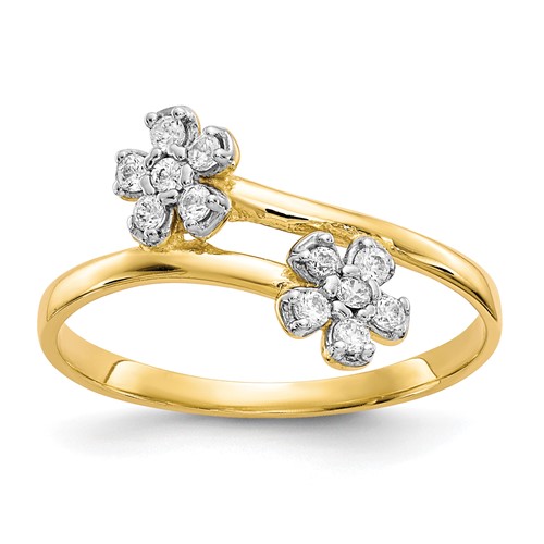 10K Yellow Gold Double Flower CZ Bypass Ring