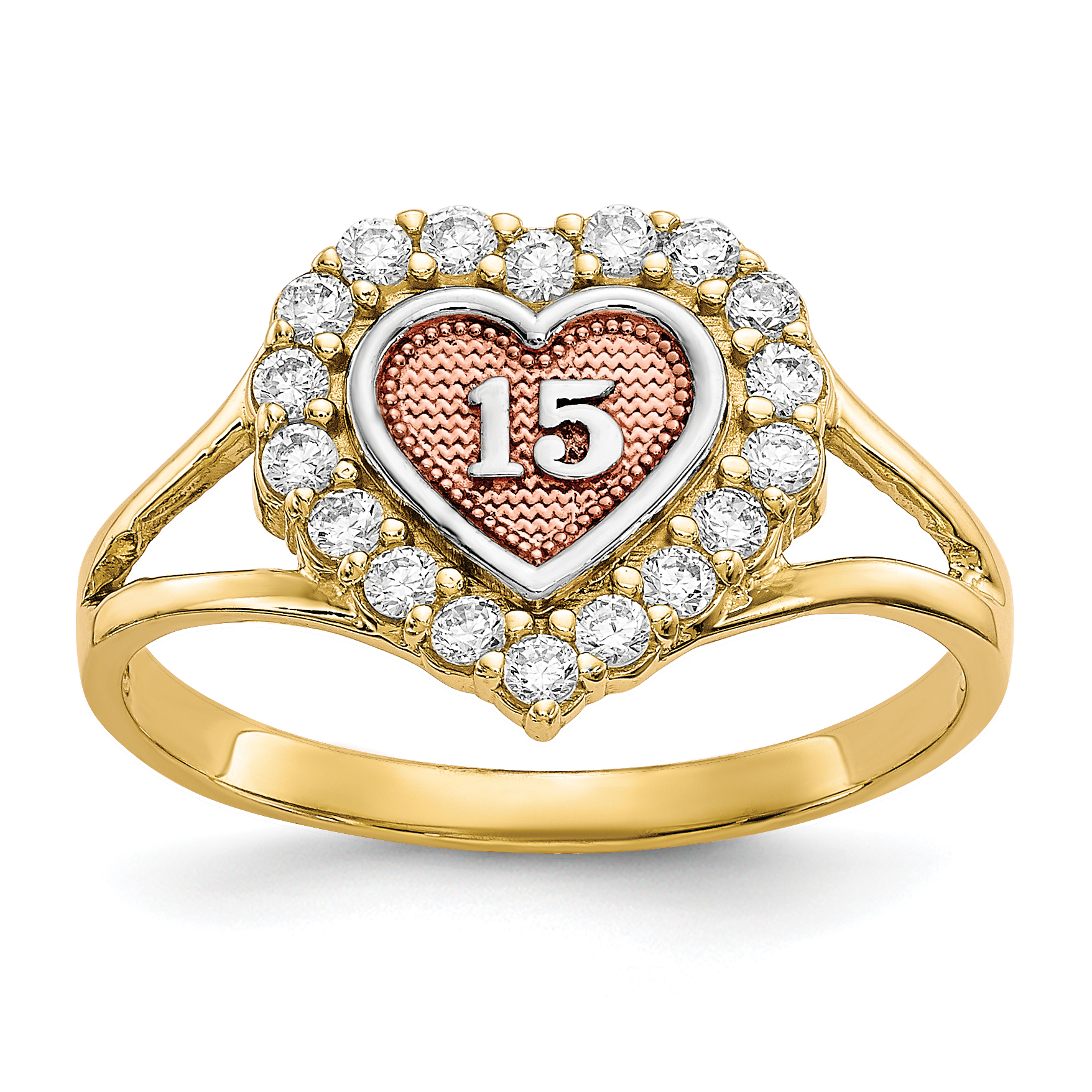 10k Two-tone with White Rhodium Sweet 15 CZ Heart Ring (10C1220)