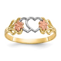 10K Two-Tone and White Rhodium Double Heart and Flowers Ring view 1