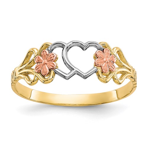 10K Two-Tone and White Rhodium Double Heart and Flowers Ring