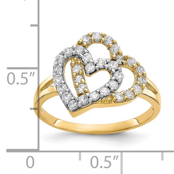 10K w/Rhodium Double Heart CZ Ring
