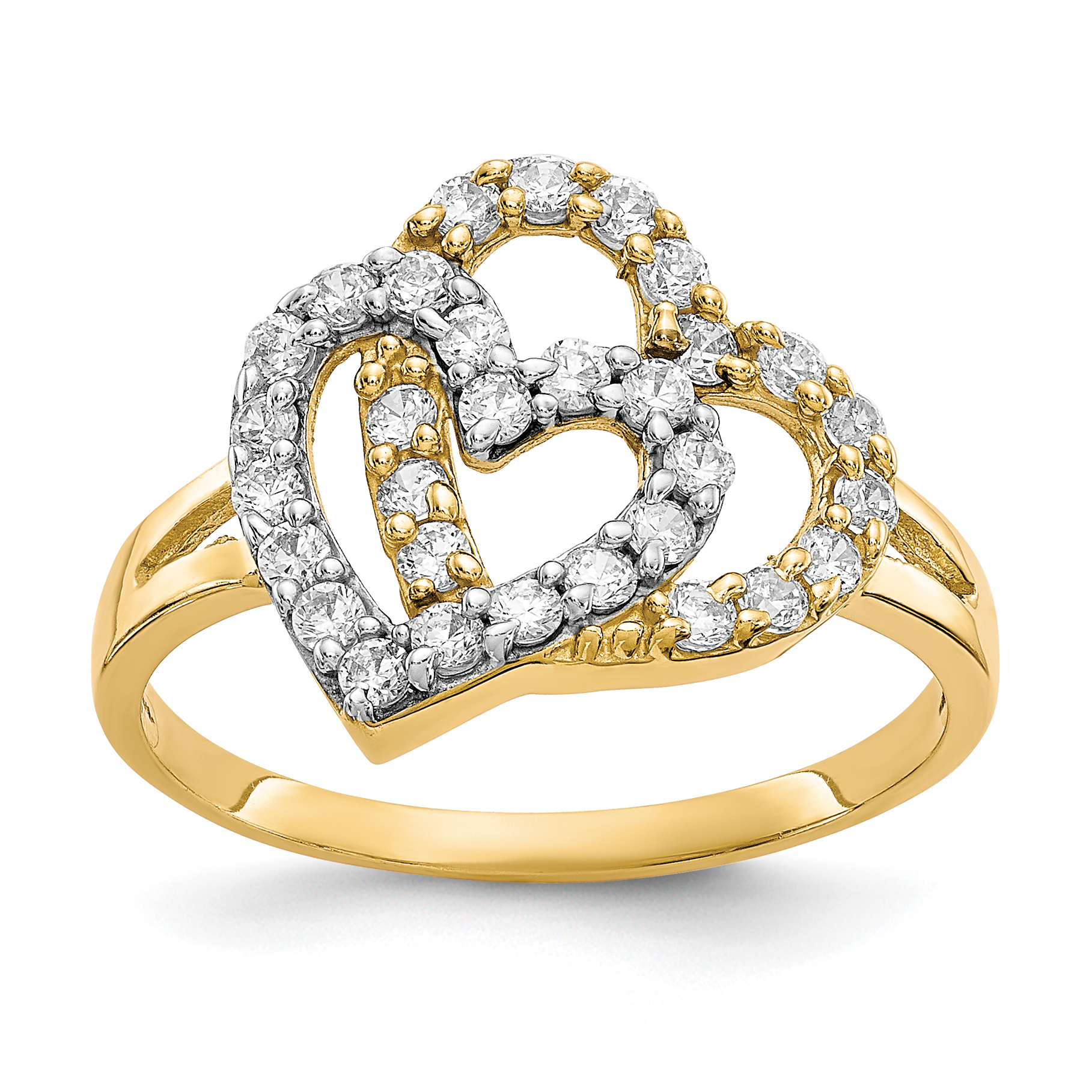 10K w/Rhodium Double Heart CZ Ring (10C1247)
