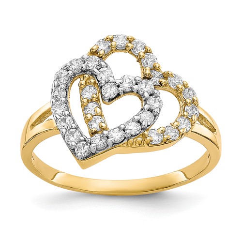 10K and White Rhodium Double Heart CZ Ring