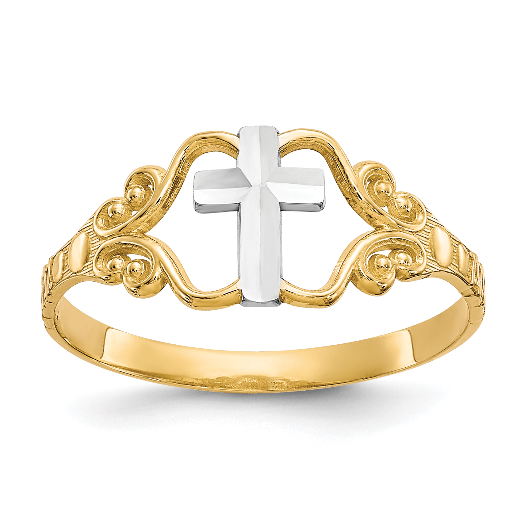 10k & Rhodium Polished Cross Ring (10C1279)