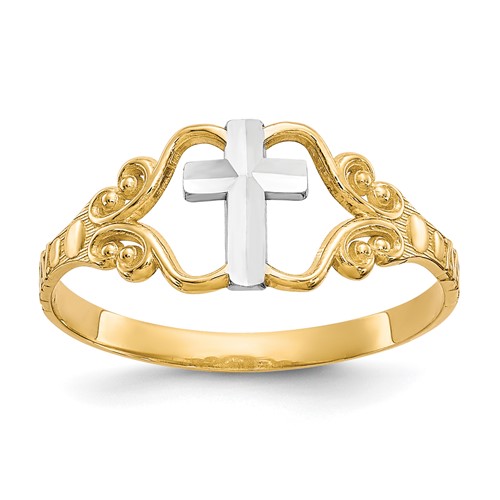 10K and White Rhodium Polished Cross Ring