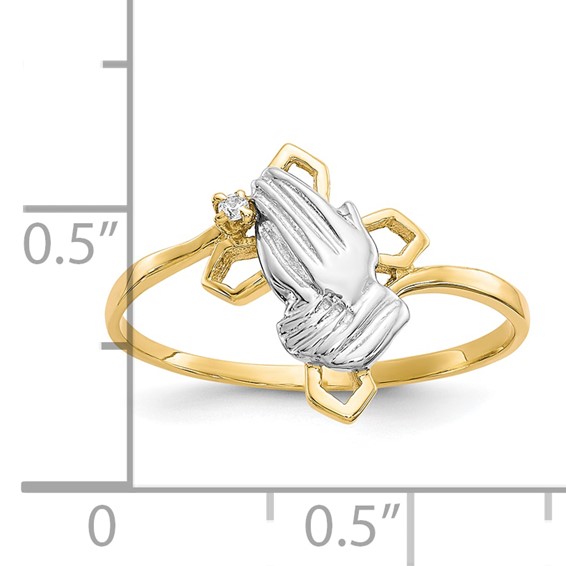 10k & Rhodium Praying Hands CZ w/Cross Ring