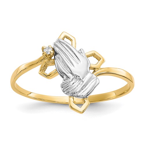 10K and White Rhodium Praying Hands CZ Ring with Cross