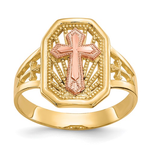 10K Two-tone Filigree Cross Ring