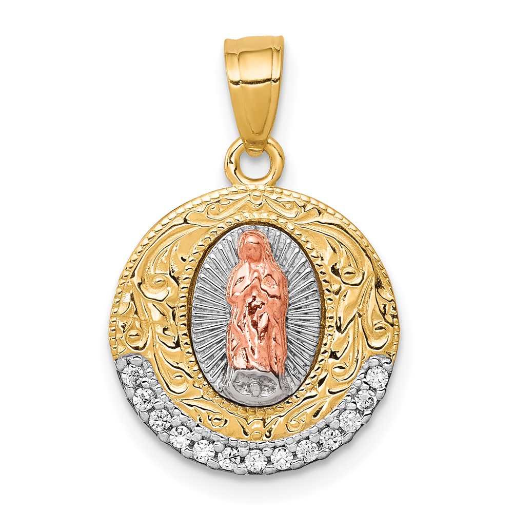 10K Two-Tone w/ Rhodium CZ Lady Of Guadalupe Round Pendant (10C1335)