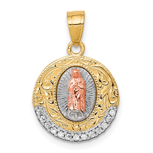 10K Two-Tone and White Rhodium CZ Round Our Lady of Guadalupe Pendant