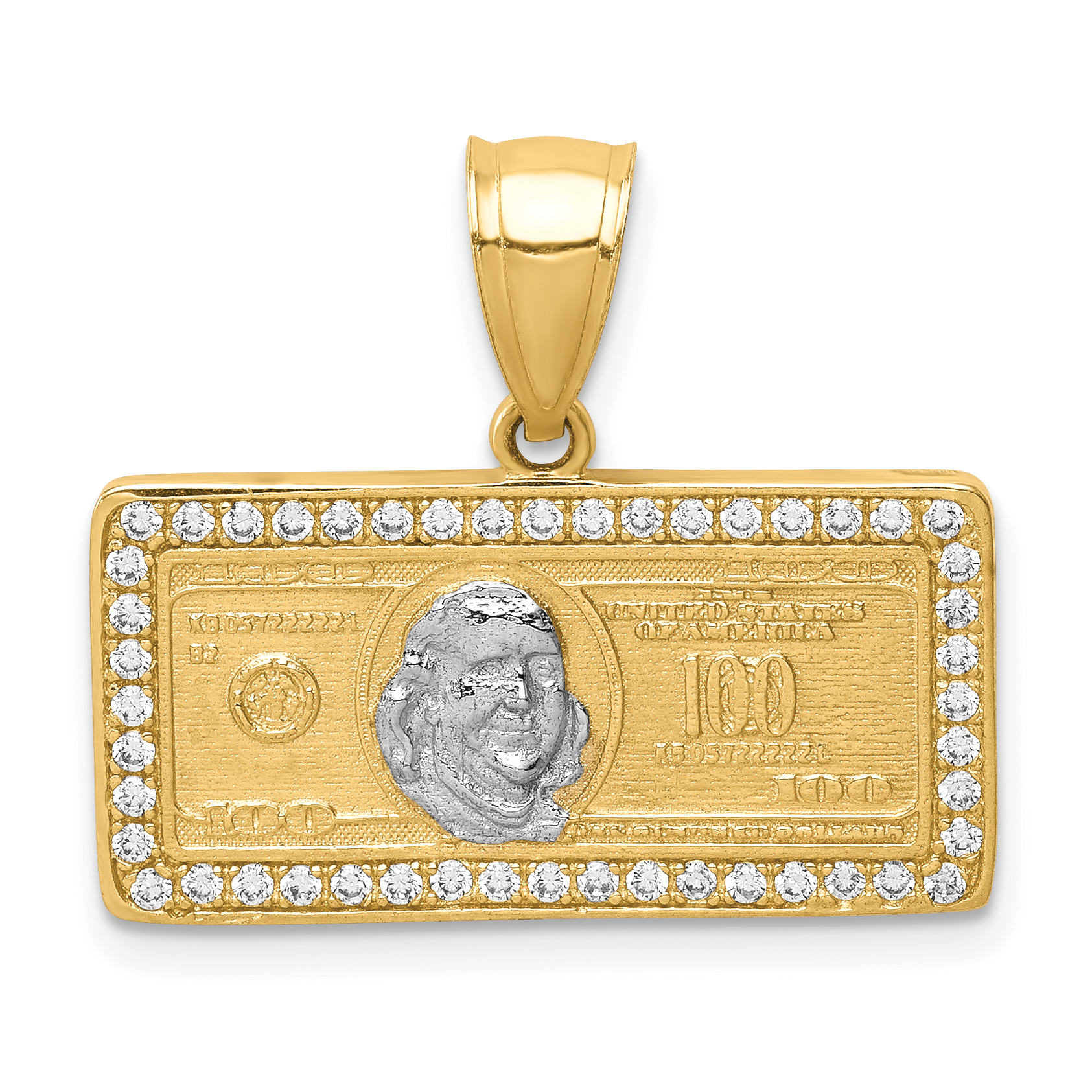 10K w/Rhodium CZ Micropave 100 Dollar Bill Pendant (10C1362)