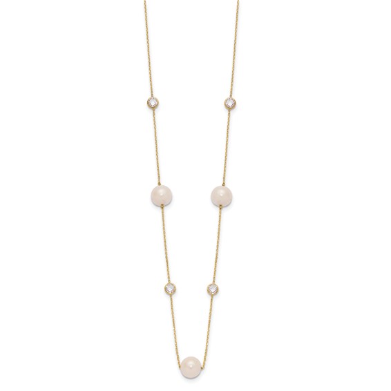 10K Polished CZ and 7-8mm FWC Pearl 7 Station Necklace