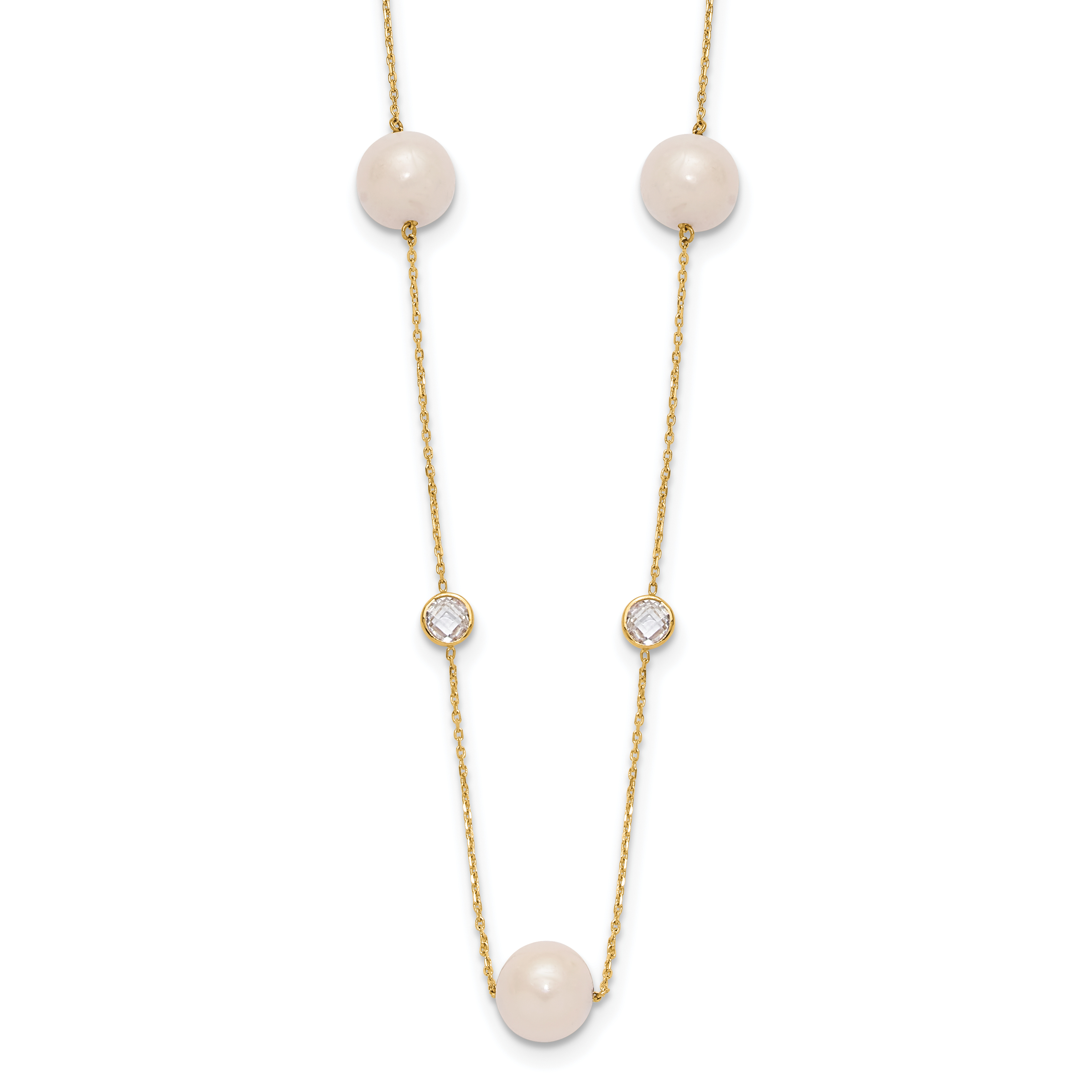 10K Polished CZ and 7-8mm FWC Pearl 7 Station Necklace (10C1470-20)