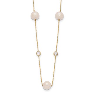 10K Polished CZ and 7-8mm FWC Pearl 7 Station Necklace