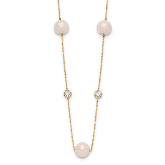 10K Polished CZ and 7-8mm FWC Pearl 7 Station Necklace
