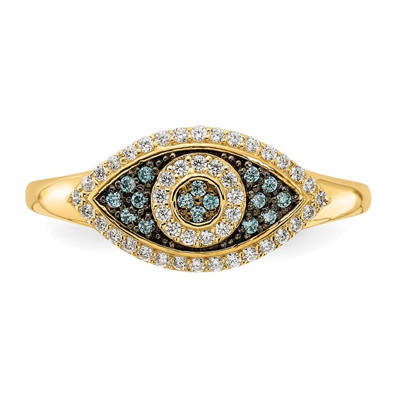 10K Polished Blue and White CZ Evil Eye Ring