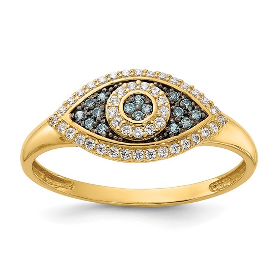 10K Polished Blue and White CZ Evil Eye Ring