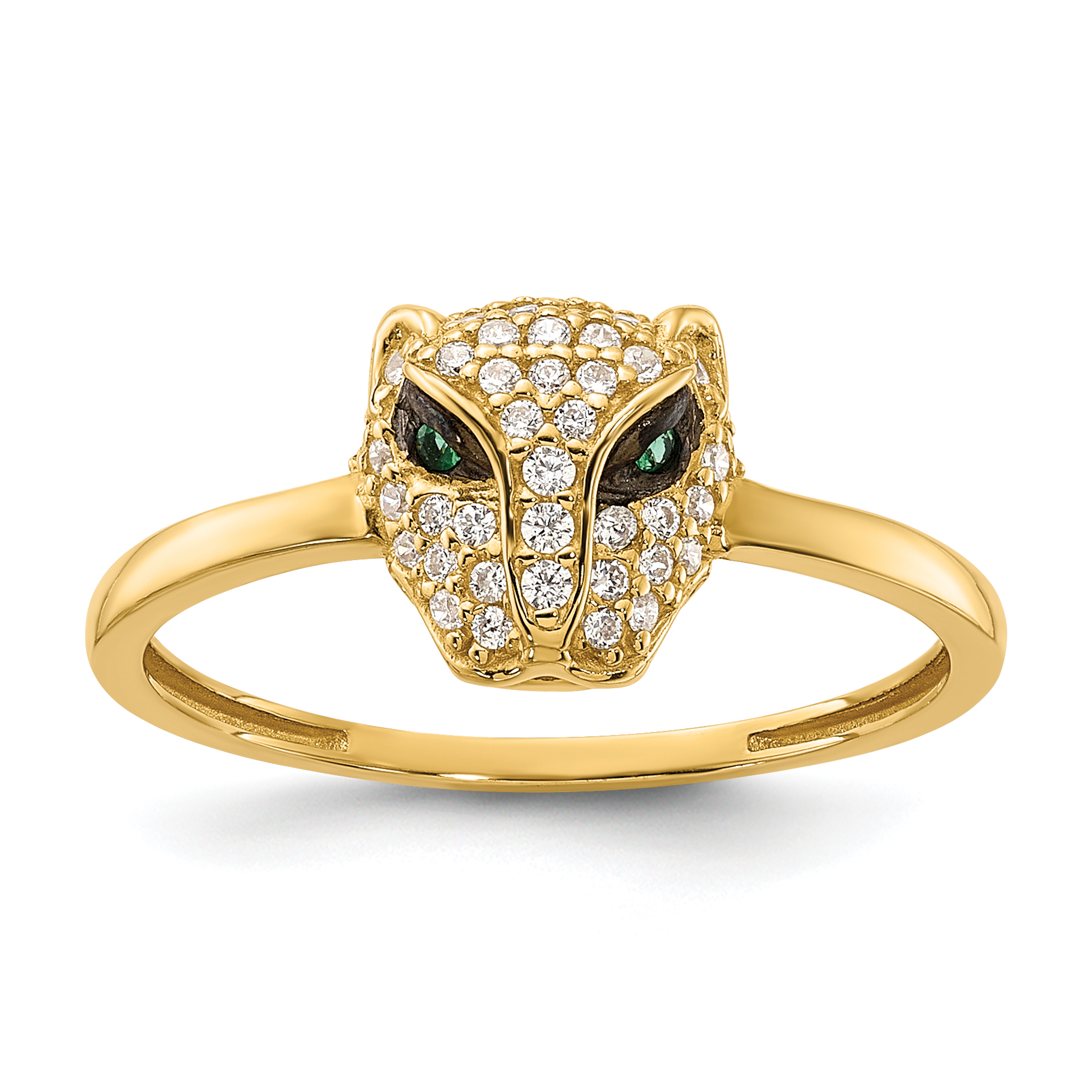 10K Polished Clear and Green CZ Lioness Head Ring (10C1505)