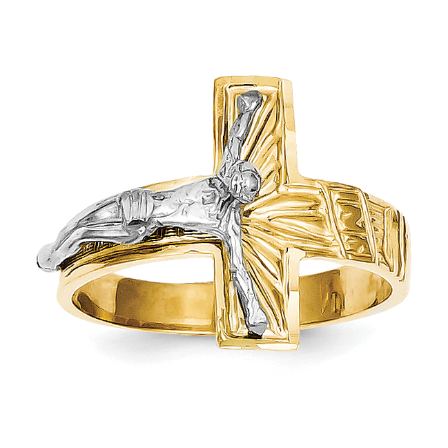 10k Two-tone Polished & Diamond-Cut Mens Crucifix Ring (10C2118)