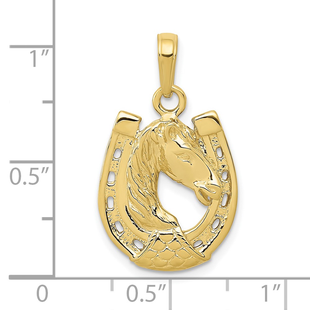 10k Solid Polished Horse Head in Horseshoe Pendant (10C2201)