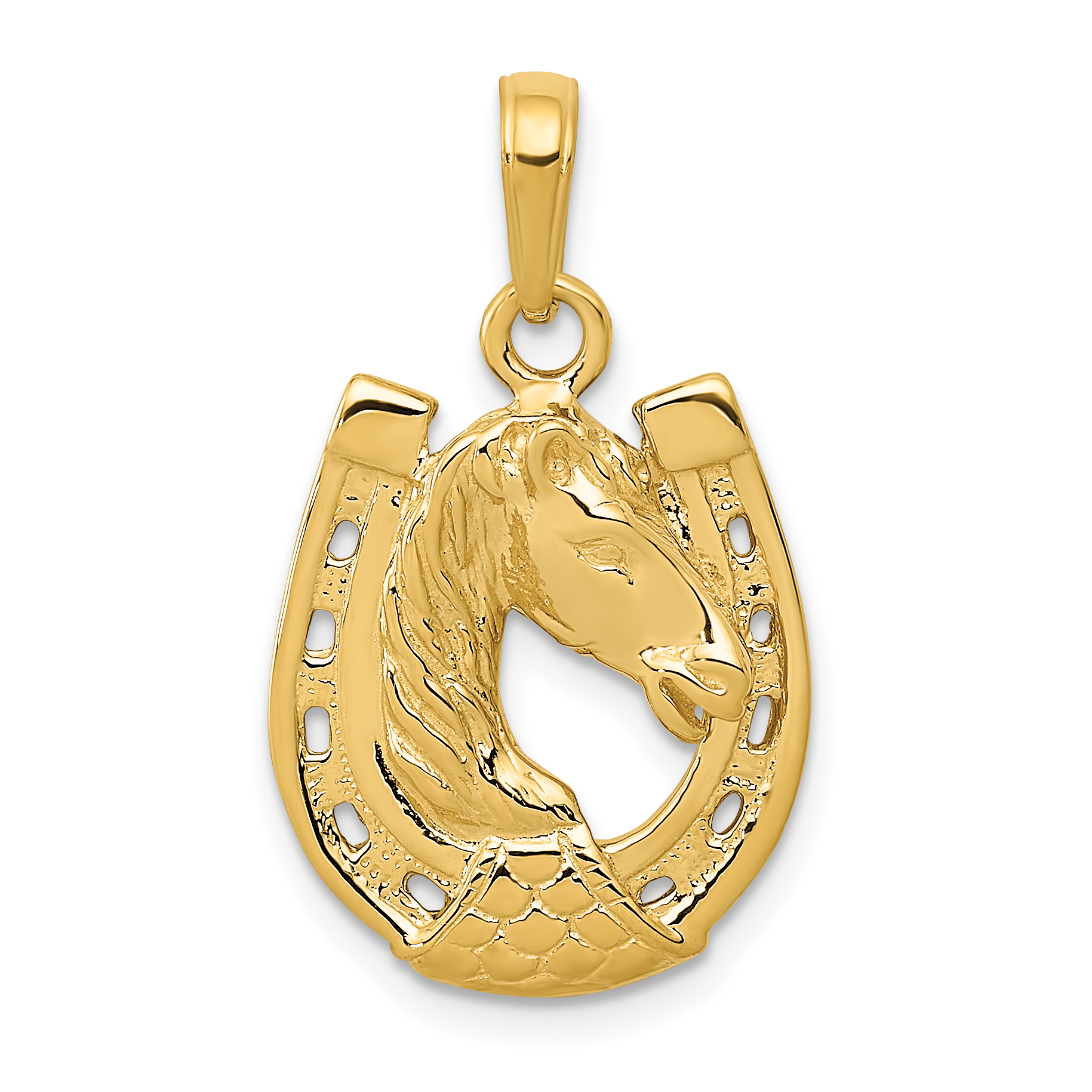 10k Solid Polished Horse Head in Horseshoe Pendant (10C2201)