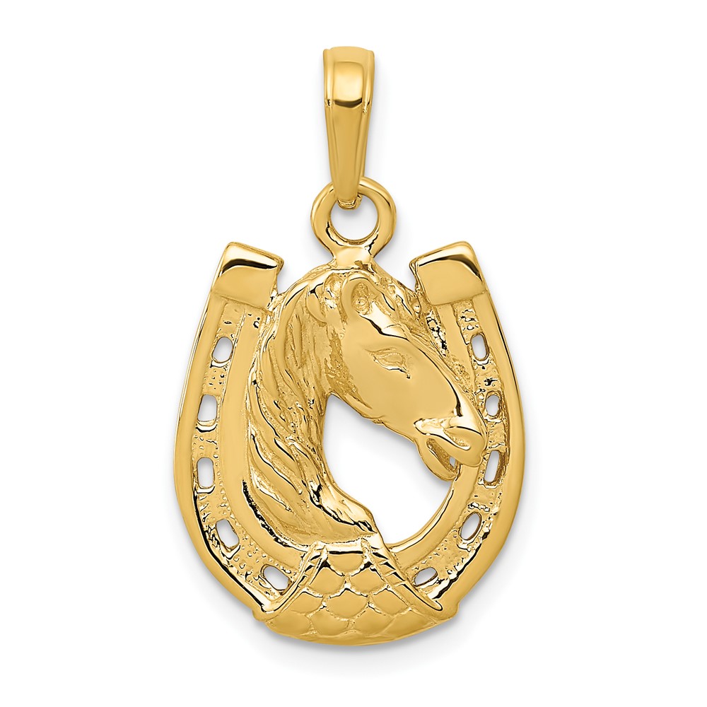10k Solid Polished Horse Head in Horseshoe Pendant (10C2201)