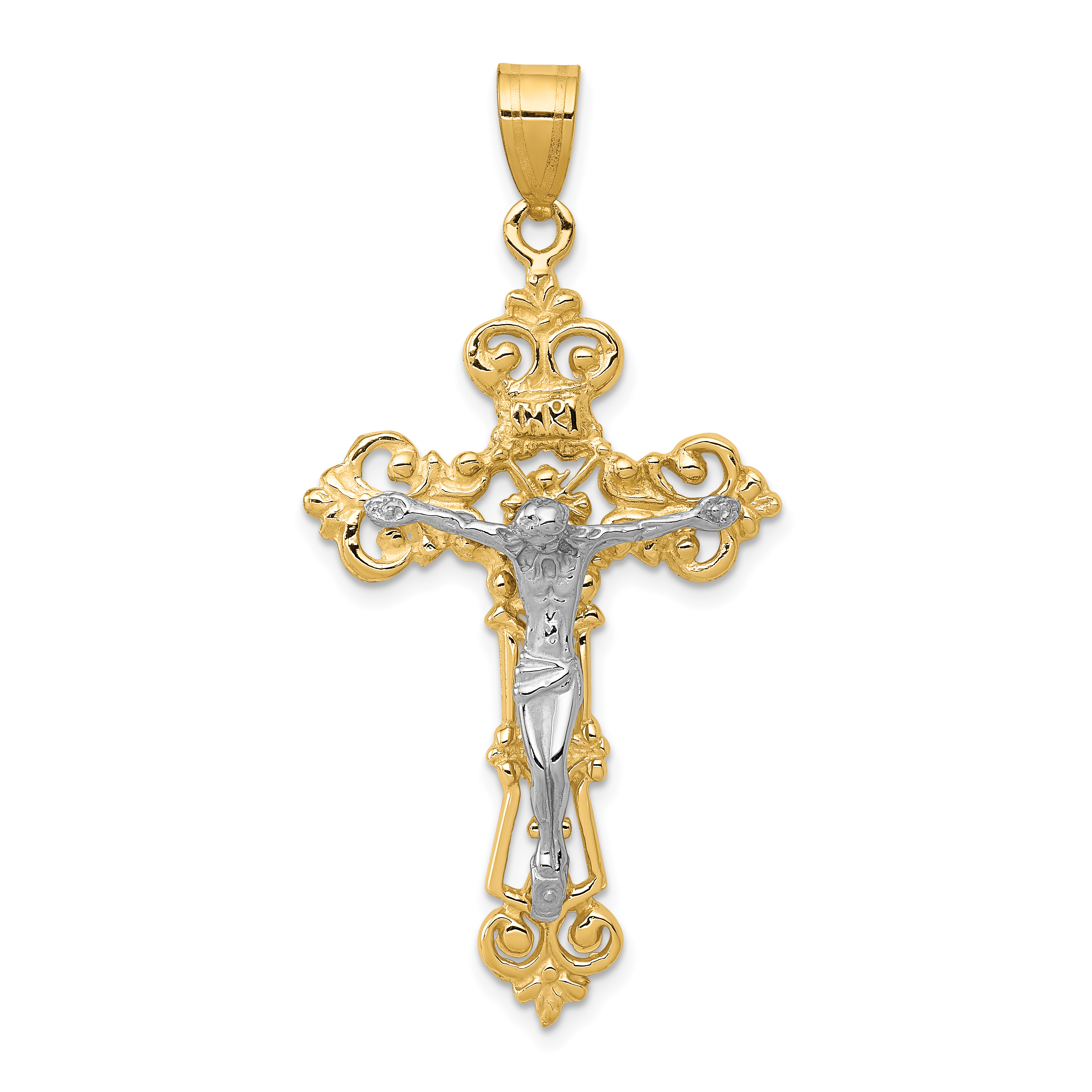 10k Two-tone INRI Fleur De Lis Crucifix Pendant (10C242)