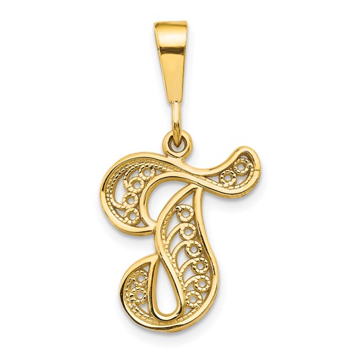 10K Yellow Gold Large Filigree Initial T Pendant