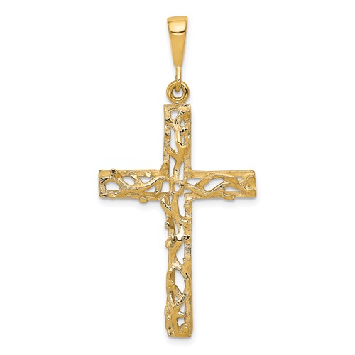10K Yellow Gold Satin Polished Antiqued Vine Cross Pendant