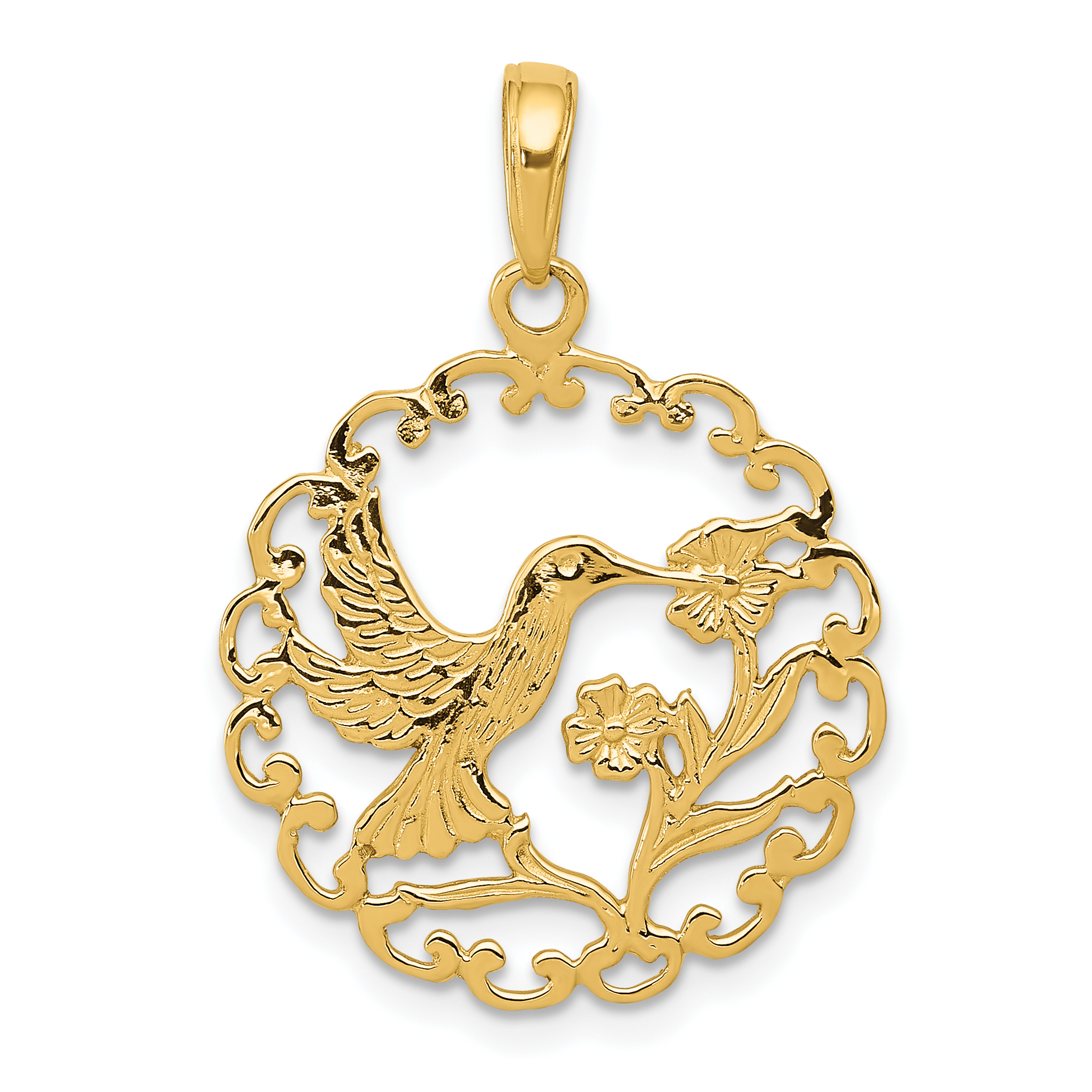 10k Hummingbird in Round Frame Pendant (10C3478)