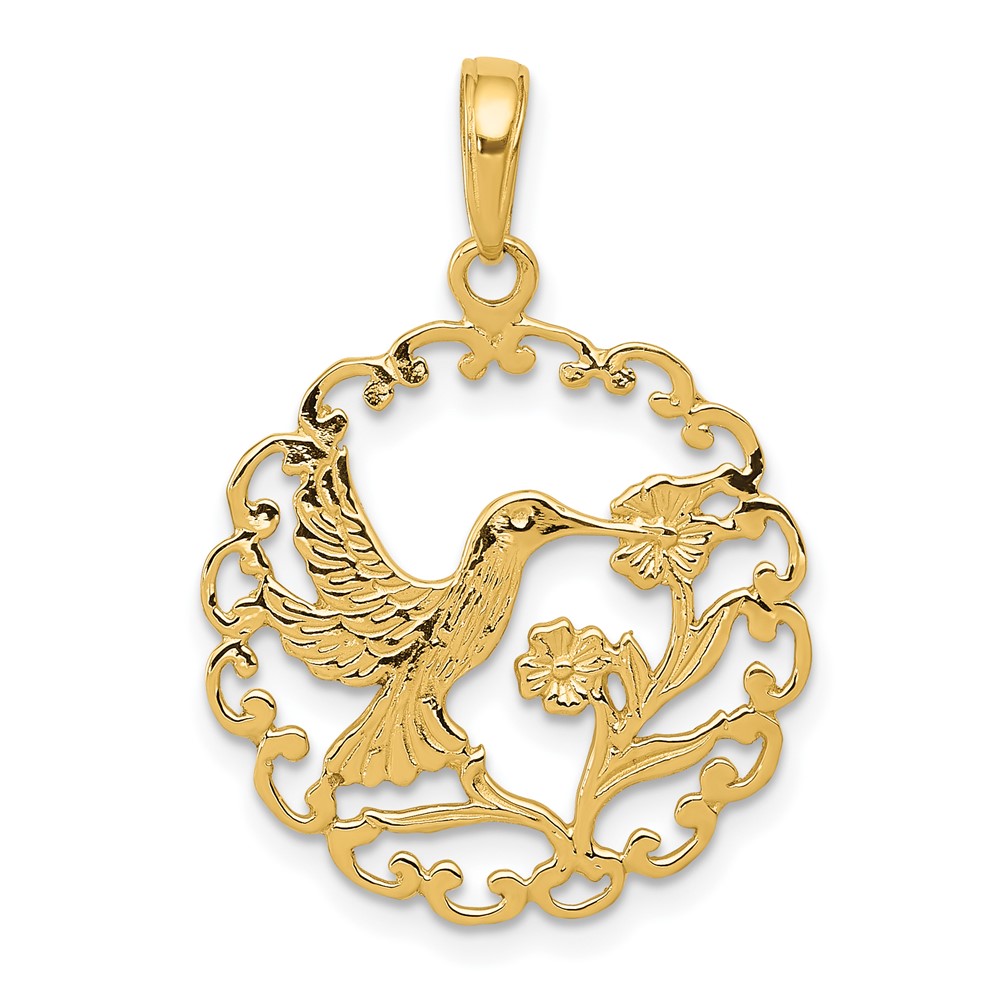 10k Hummingbird in Round Frame Pendant (10C3478)
